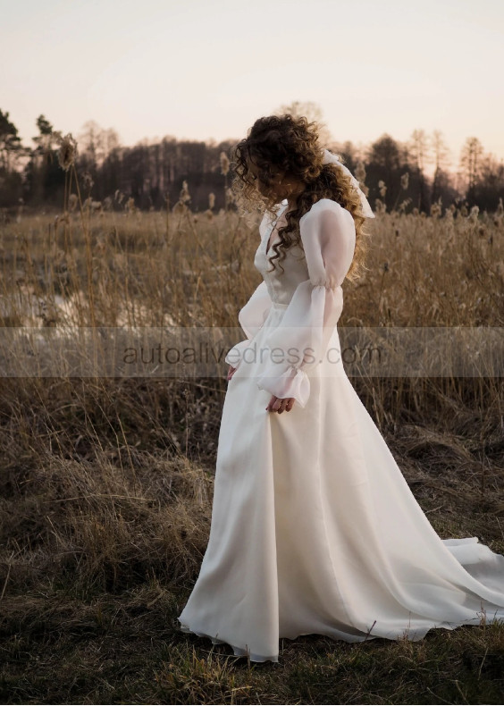 V Neck Ivory Organza Lace Tie Back Airy Wedding Dress